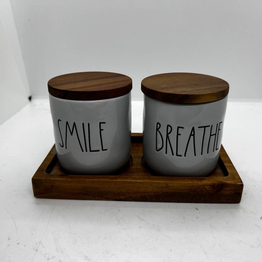 Smile & Breathe Ceramic Canister Set with Wood Lids - White